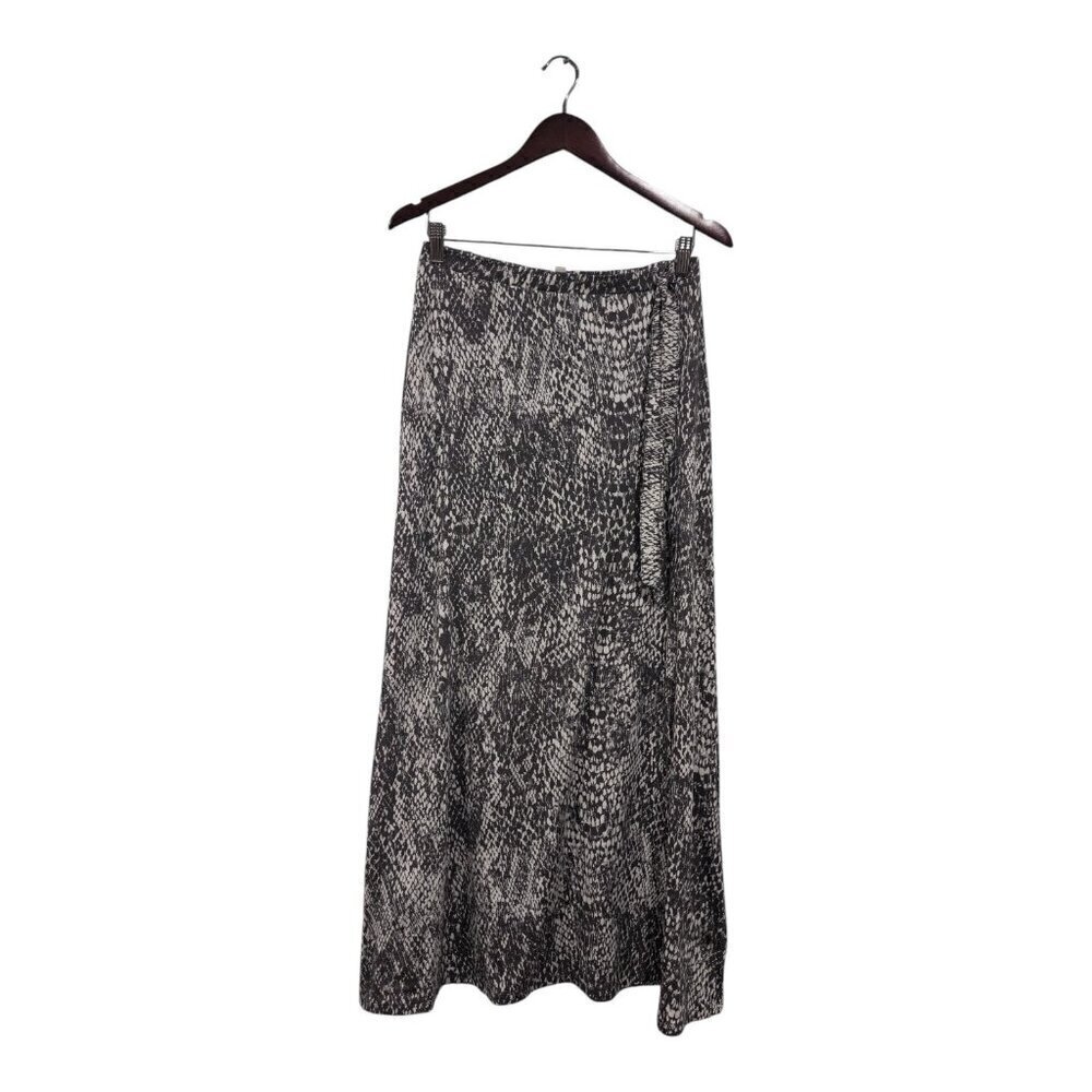 Garnet Hill Women's Gray White Stretchy Maxi Skirt High Side Slit Waist Tie Sz S